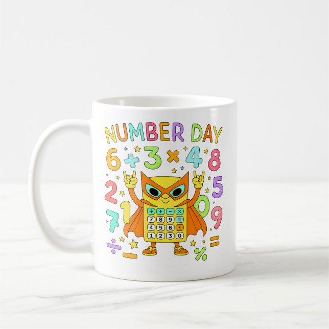 Number Day Owl Math Calculator Design for Kids Coffee Mug (Left)