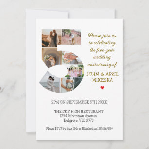 Number Five Custom Photo Wedding Anniversary Invitation