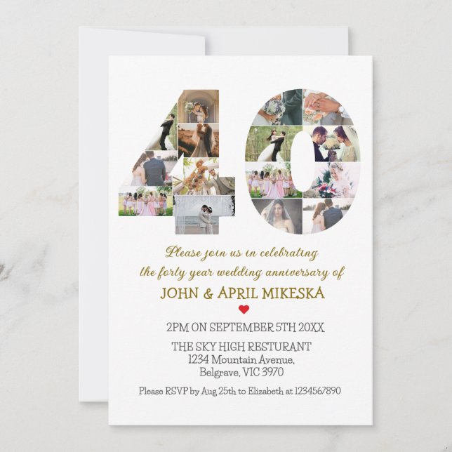 Number Forty Custom Photo Wedding Anniversary  Invitation (Front)