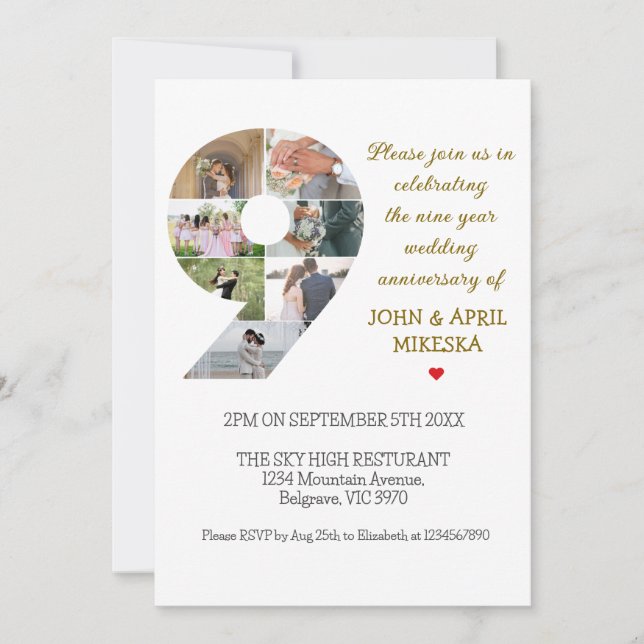 Number Nine Custom Photo Wedding Anniversary Invitation (Front)