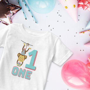 Number One Cute Monkey Counting Teal and Pink Hat  Baby T-Shirt