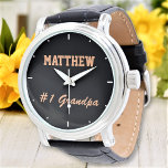 Number One Grandpa Fathers Day Custom Name Watch<br><div class="desc">Add a name, customise the text, and easily create your personalised watch. You can TRANSFER this DESIGN on other Zazzle products and adjust it to fit most of the Zazzle items. Standard Studio designs are made in high-resolution vector graphics for a professional print. Thank you for choosing our designs and...</div>