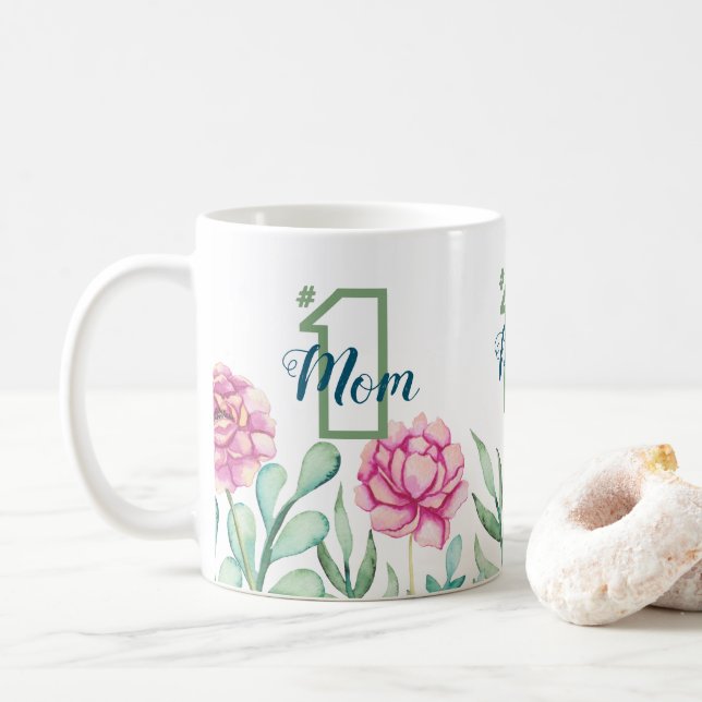 Number One Mum, Peony Garden Coffee Mug (With Donut)
