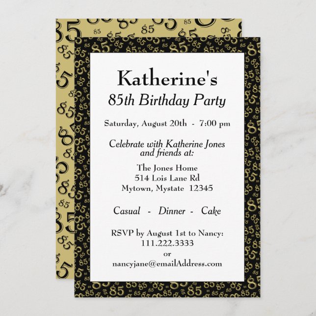 Number Pattern 85 Cool Birthday Party Gold/Black Invitation (Front/Back)