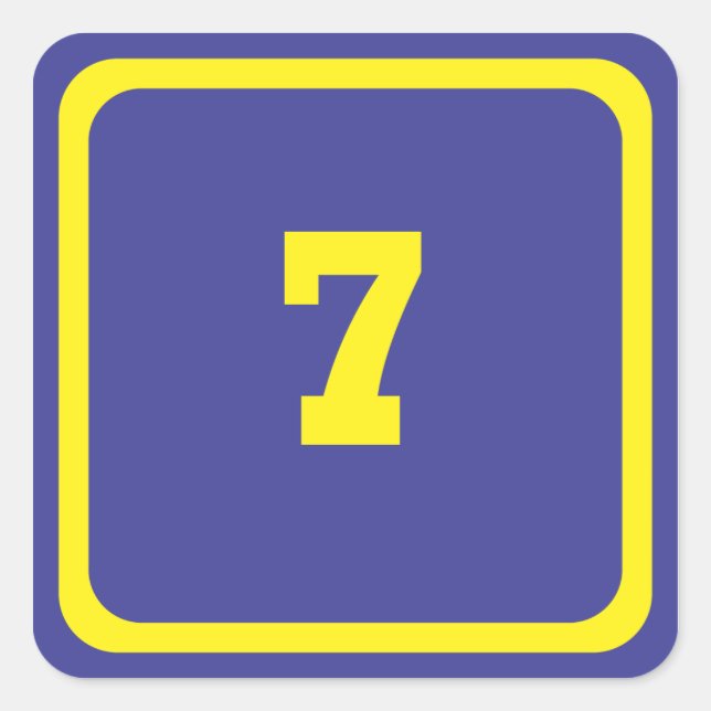 Number seven on blue background with yellow frame square sticker (Front)