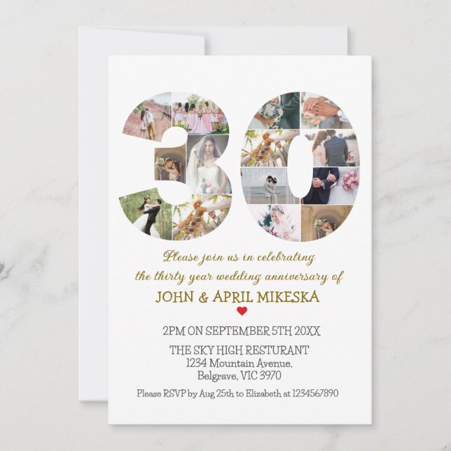Number Thirty Custom Photo Wedding Anniversary Invitation (Front)