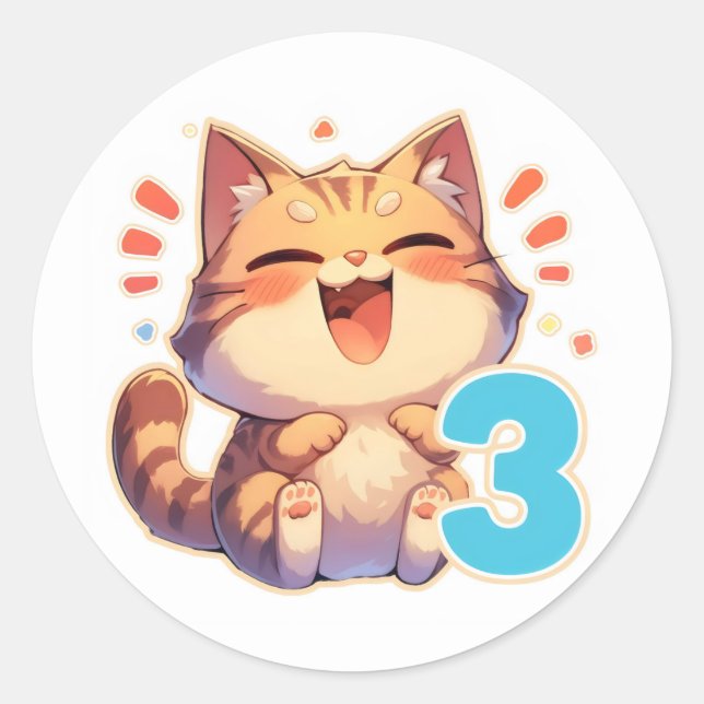 Number Three Anime Cat Classic Round Sticker (Front)