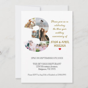 Number Three Custom Photo Wedding Anniversary Invitation