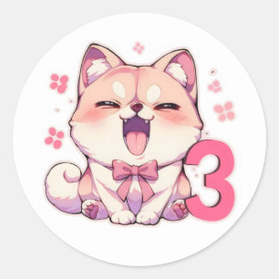 Number Three Cute Anime Dog Classic Round Sticker