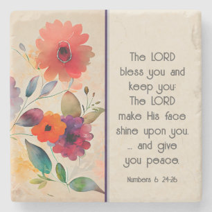 Numbers 6 24-26 Lord Bless You Floral Watercolor Stone Coaster