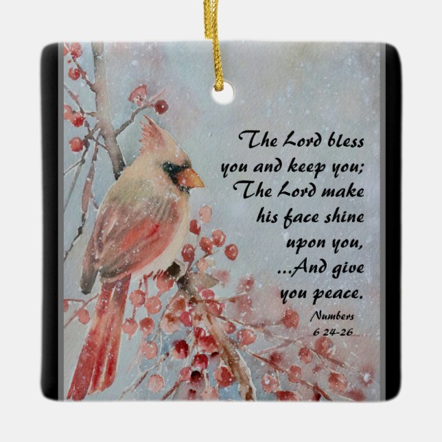 Numbers 6 24-26 Lord Bless You Red Bird & Berries Ceramic Ornament (Front)