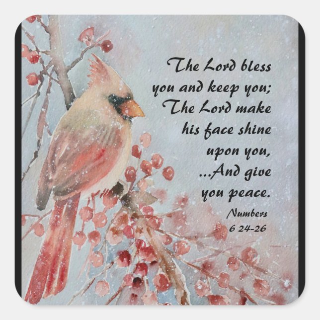 Numbers 6 24-26 Lord Bless You Red Bird & Berries Square Sticker (Front)