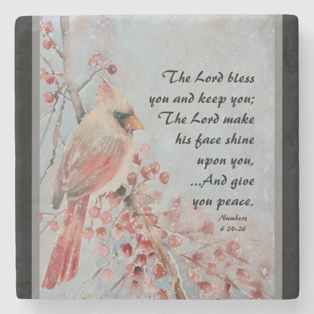 Numbers  6 24-26 Lord Bless You Red Bird Berries Stone Coaster (Front)