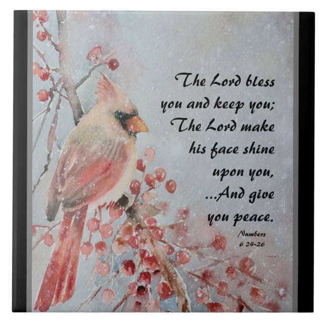 Numbers 6 24-26 Lord Bless You Red Bird & Berries Tile (Front)