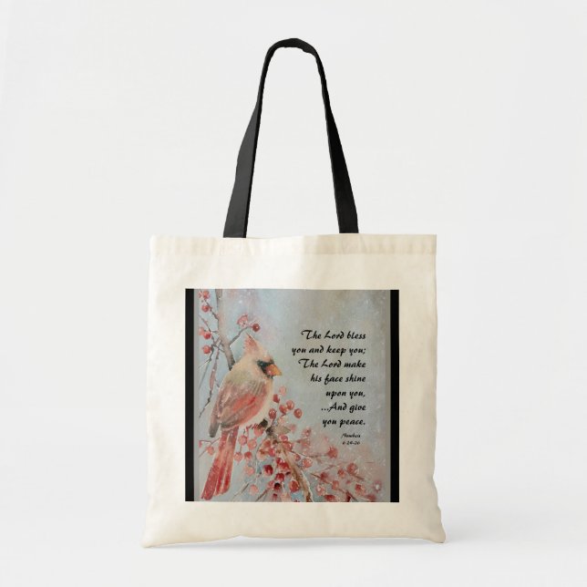 Numbers 6 24-26 Lord Bless You Red Bird & Berries Tote Bag (Front)
