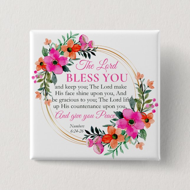 Numbers 6:24-26 Pink Floral Wreath Christian 15 Cm Square Badge (Front)