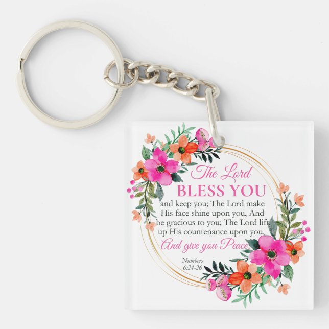 Numbers 6:24-26 Pink Floral Wreath Christian Key Ring (Front)
