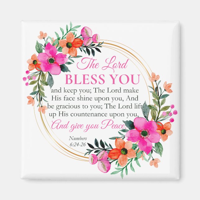 Numbers 6:24-26 Pink Floral Wreath Christian Magnet (Front)