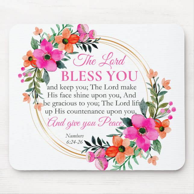 Numbers 6:24-26 Pink Floral Wreath Christian Mouse Mat (Front)