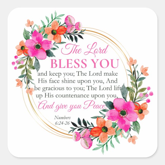 Numbers 6:24-26 Pink Floral Wreath Christian Square Sticker (Front)
