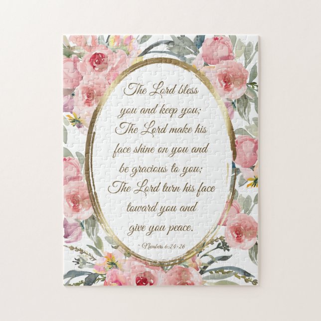 Numbers 6:24-26 The Lord Bless You Pink Floral Jigsaw Puzzle (Vertical)