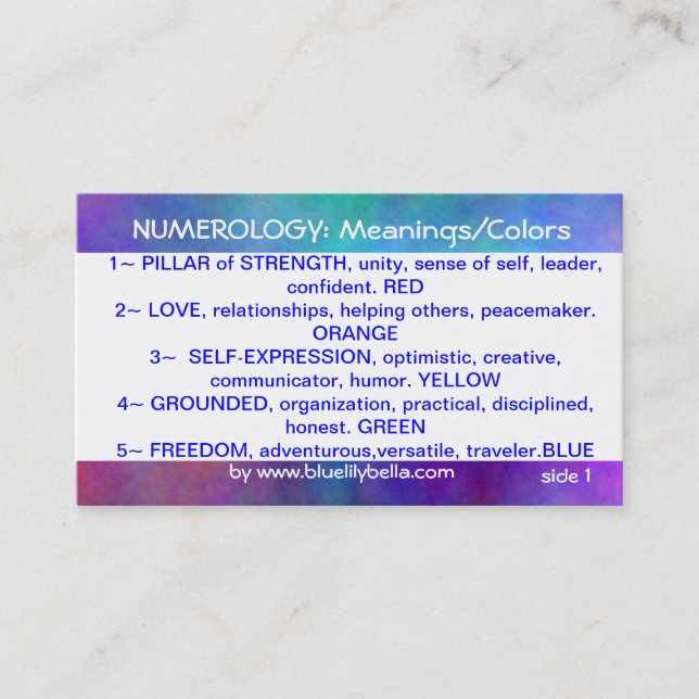 Numerology Meanings/Colours Chart Business Card (Front)