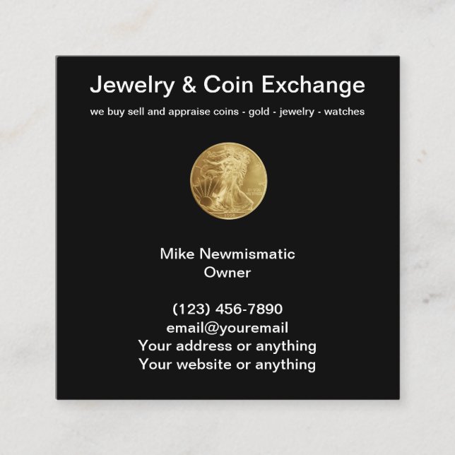 Numismatic Coin And Jewelry Dealer Square Business Card (Front)