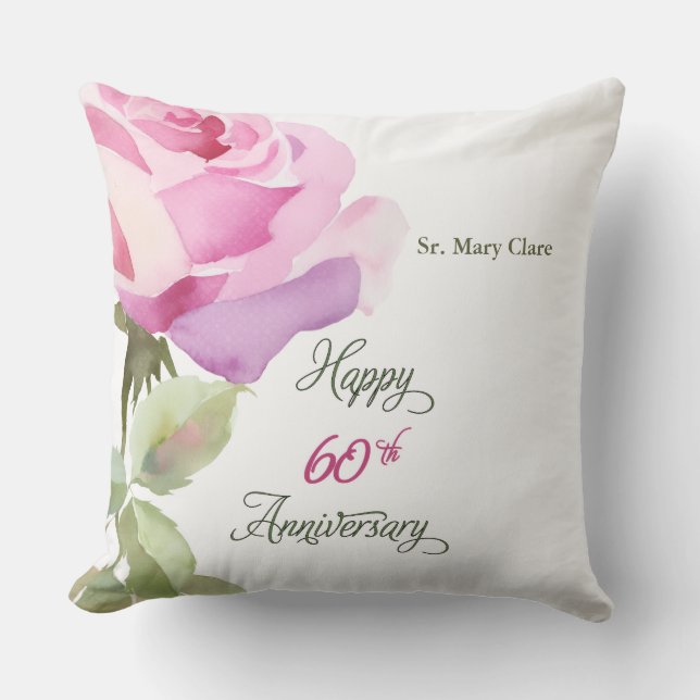 Nun 60th Anniversary Jubilee Custom Name Pink Rose Cushion (Front)