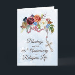 Nun 60th Anniversary of Religious Life with Rosary Card<br><div class="desc">Mark 60 years of devoted commitment with this jubilee card designed for a Catholic nun. The intertwining rosary and blossoms on the soft blue backdrop symbolise a life filled with spiritual growth and enduring beauty. The front warmly conveys, "Blessings on your 60th Jubilee of Religious Life!" Inside, the scripture from...</div>