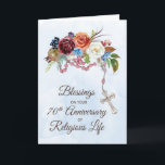Nun 70th Anniversary of Religious Life with Rosary Card<br><div class="desc">Commend 70 years of faithful service with this jubilee card designed for a Catholic nun. The rosary and colourful blooms on the gentle blue background symbolise the enduring beauty of a life steeped in faith. The front warmly conveys, "Blessings on your 70th Jubilee of Religious Life!" Inside, the scripture from...</div>