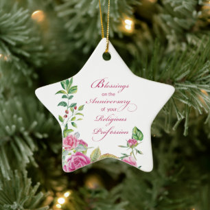 Nun Anniversary of Religious Profession Pink Roses Ceramic Tree Decoration