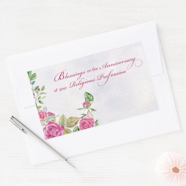 Nun Anniversary of Religious Profession Pink Roses Rectangular Sticker (Envelope)