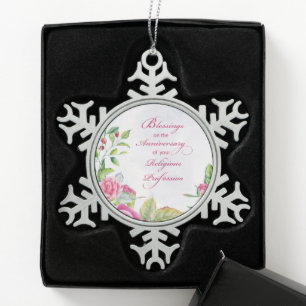 Nun Anniversary of Religious Profession Pink Roses Snowflake Pewter Christmas Ornament