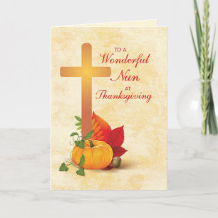 Nun at Thanksgiving, Cross and Pumpkin Holiday Card