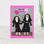 Nun Birthday Gifts "Happy Birthday Sister" Card<br><div class="desc">Catholic Nun Birthday card,  mugs,  tote bags,  postacards and buttons.  Two nuns,  one holding pink balloons.  Adorable!</div>