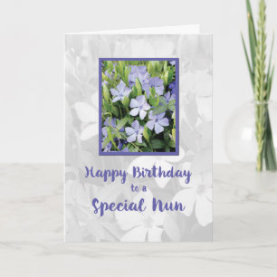 Nun Birthday Purple Flowers with Green Leaves Card