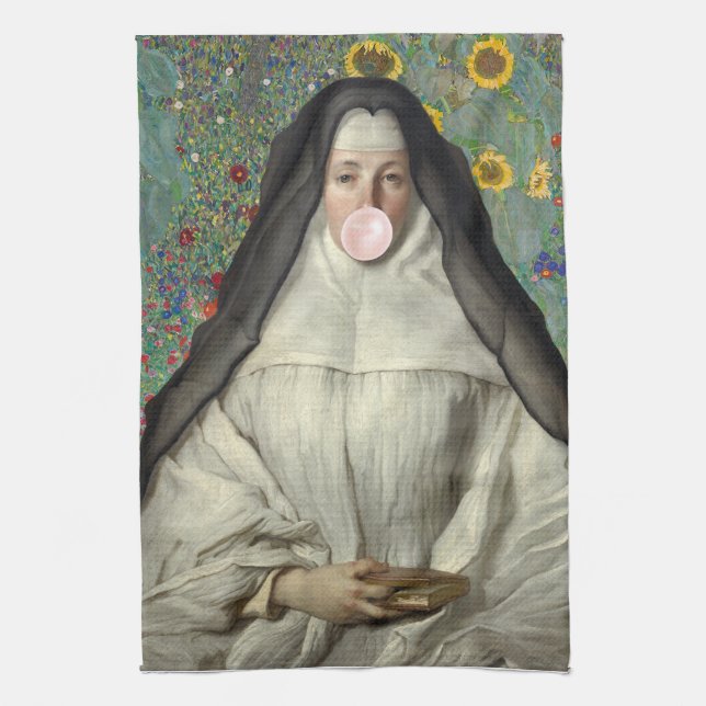 Nun Blowing a Pink Bubble gum  Tea Towel (Vertical)