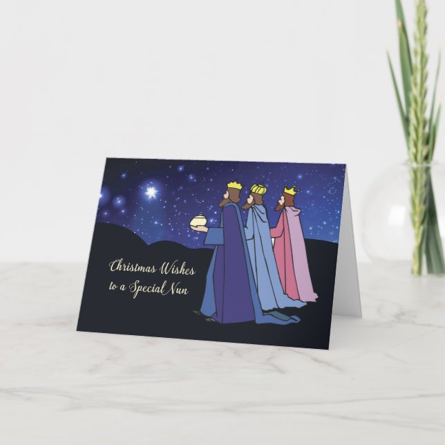 Nun Christmas Wishes Three Kings at Night Holiday Card (Front)