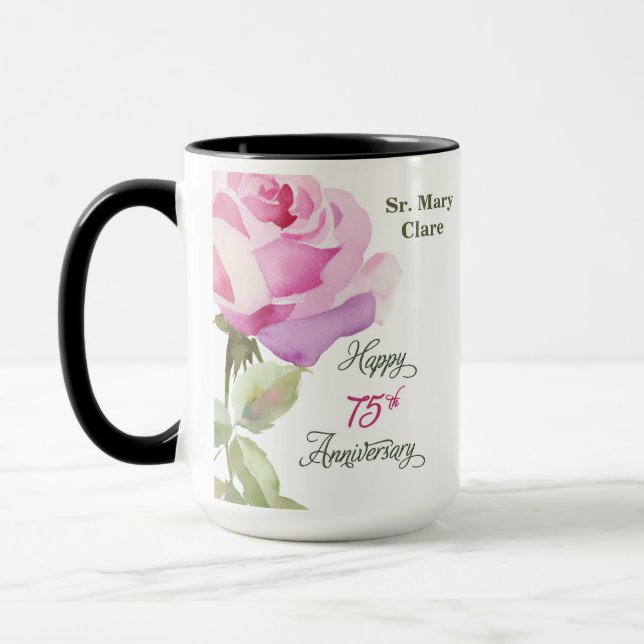 Nun Custom Name 75th Anniversary Pink Rose Mug (Left)