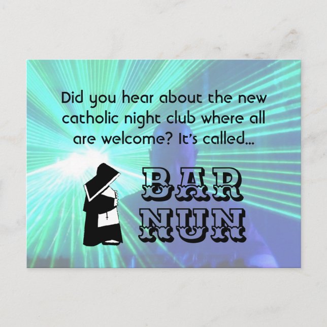 Nun Fun Pun, Catholic Night Club Joke Postcard (Front)