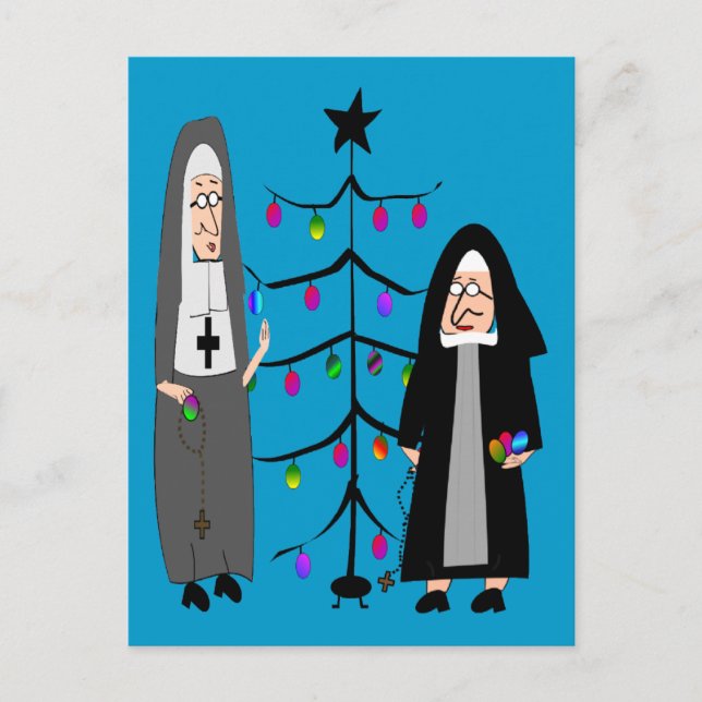 Nun Gifts "Decorating The Christmas Tree" Holiday Postcard (Front)