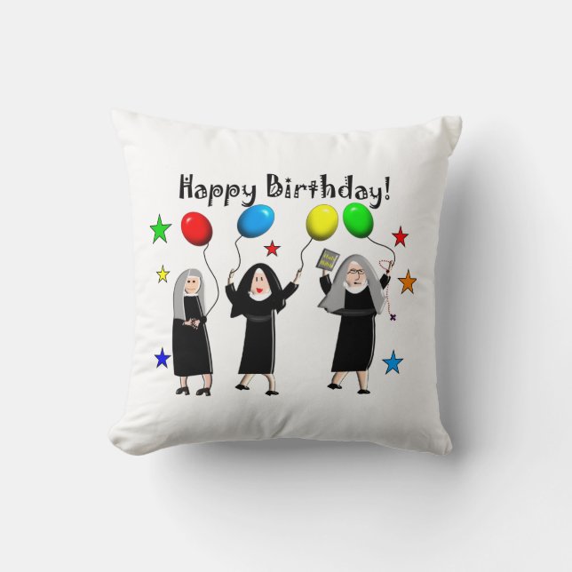 Nun Happy Birthday White Cushion (Front)