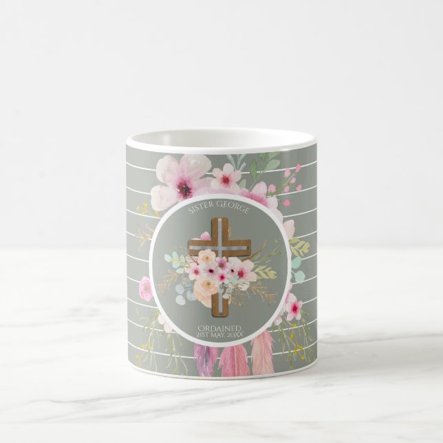 Nun Ordination Gift - Personalised Floral Cross Coffee Mug (Center)