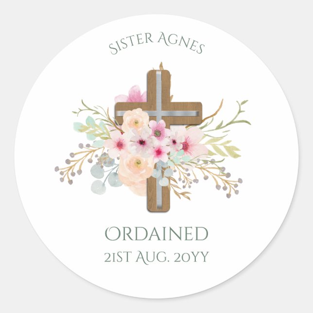 NUN - Ordination or Anniversary - Floral Cross Classic Round Sticker (Front)
