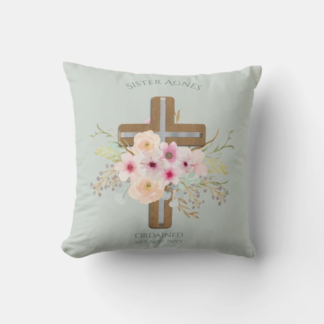 NUN - Ordination or Anniversary - Floral Cross Cushion (Front)