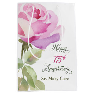 Nun Personalise 75th Anniversary Pink Rose Medium Gift Bag