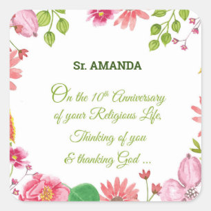 Nun Religious 10th Anniversary Watercolor Flowers Square Sticker