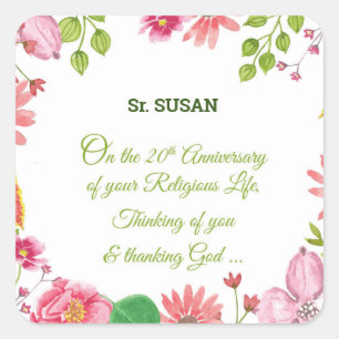 Nun Religious 20th Anniversary Watercolor Flowers Square Sticker