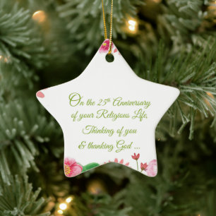 Nun Religious 25th Anniversary Watercolor Flowers Ceramic Tree Decoration