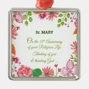 Nun Religious 35th Anniversary Watercolor Flowers Metal Tree Decoration